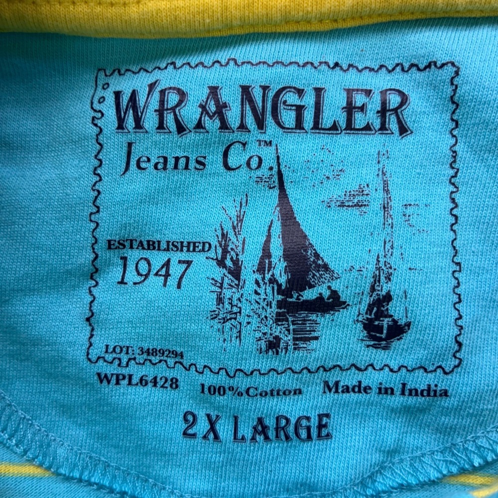 Wrangler Jeans Co Mens 2XL Turquoise Blue Yellow Striped‎ Cotton Polo Shirt 1533 - Picture 3 of 5